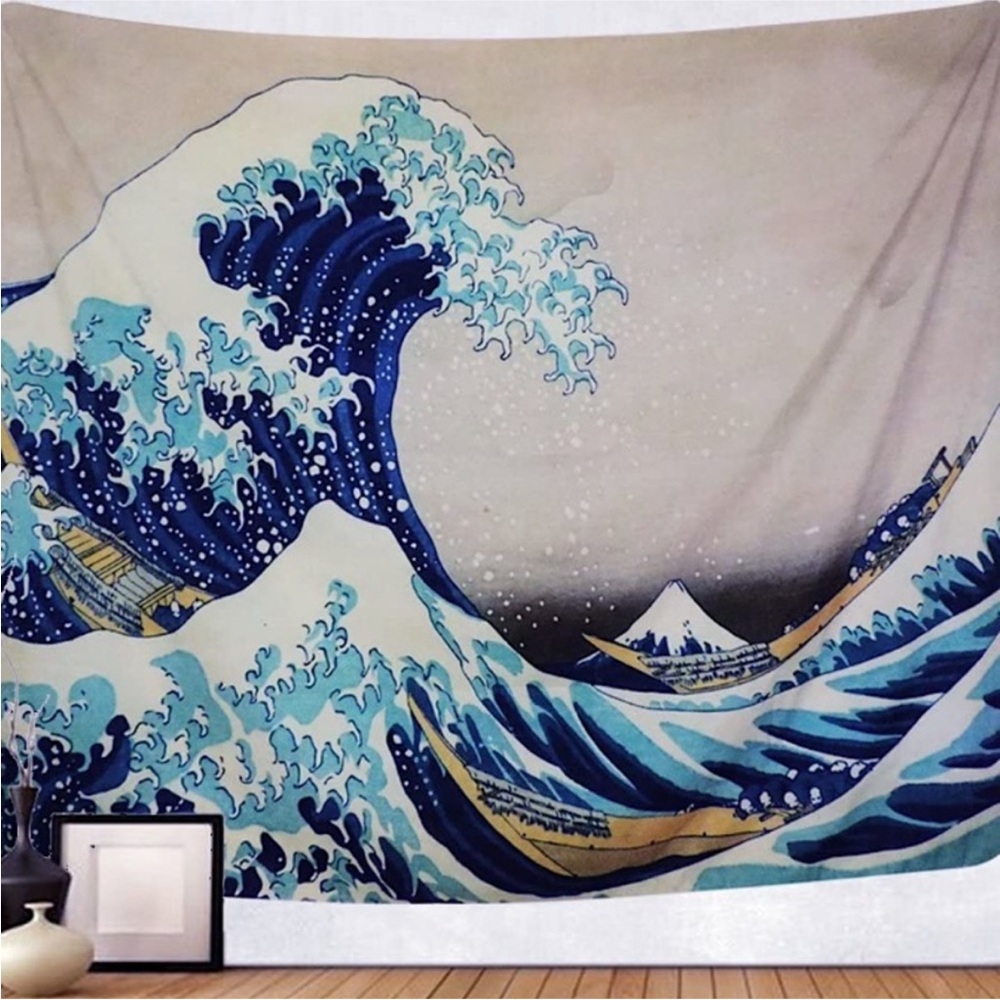 Blue and White Japanese Wave Tapestry
